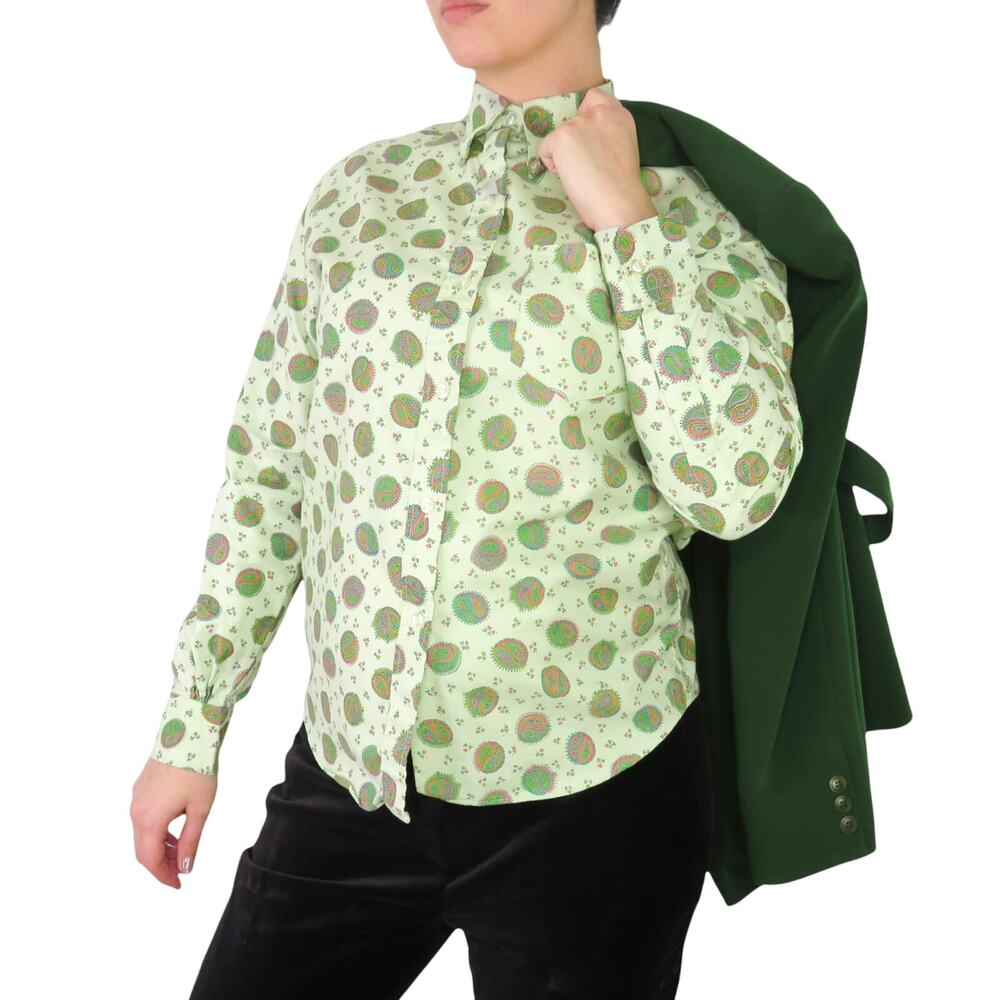 Alexander's 1970s Vintage Green Paisley Retro Button Down Blouse Medium